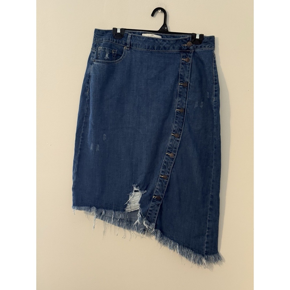 Asymmetric Denim Midi Skirt Distressed Button Fringe Denim 14 Cowgirl modest